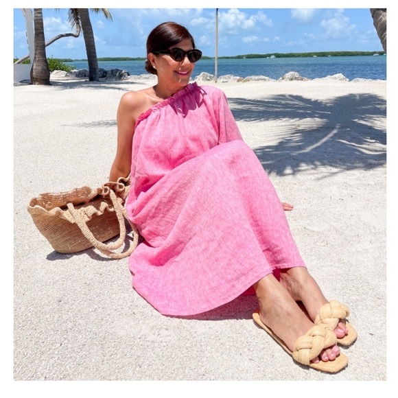 LAKE Dresses & Skirts - LAKE‎ Milly Pink 100% Linen One Shoulder Midi Dress Long Puff Sleeve Womens M